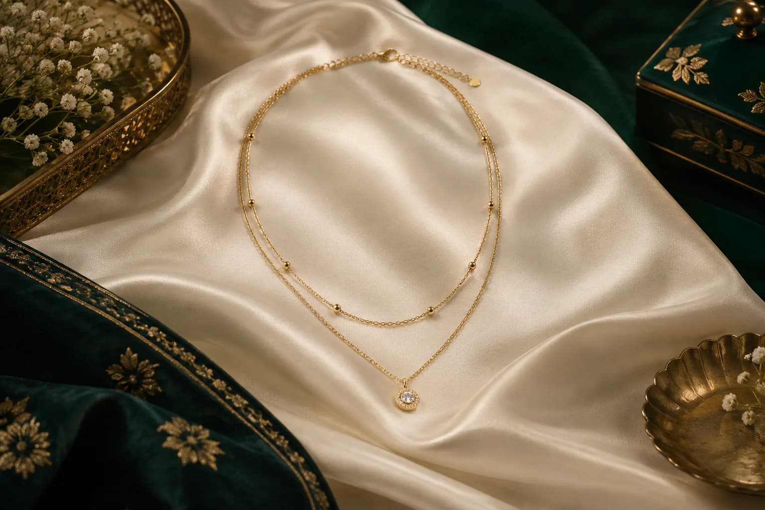 Delicate layered gold necklaces with a pendant arranged on ivory silk.
