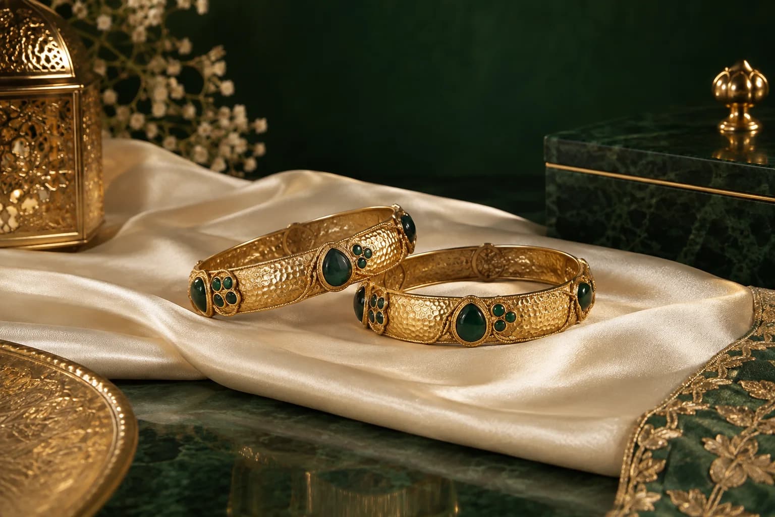 Pair of textured gold bracelets with green stone details on ivory silk.