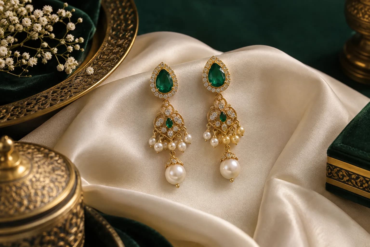 Pair of gold drop earrings with emerald and pearl accents on ivory silk.