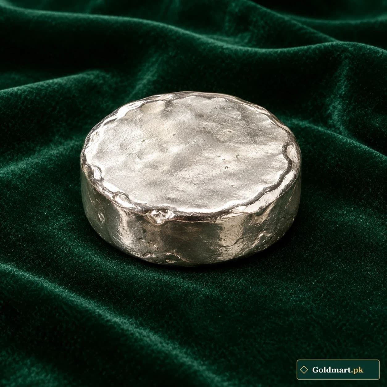 Silver Round Cast Button: a thick silver-tone circular bullion form with softly irregular poured edges and a lightly dimpled blank top